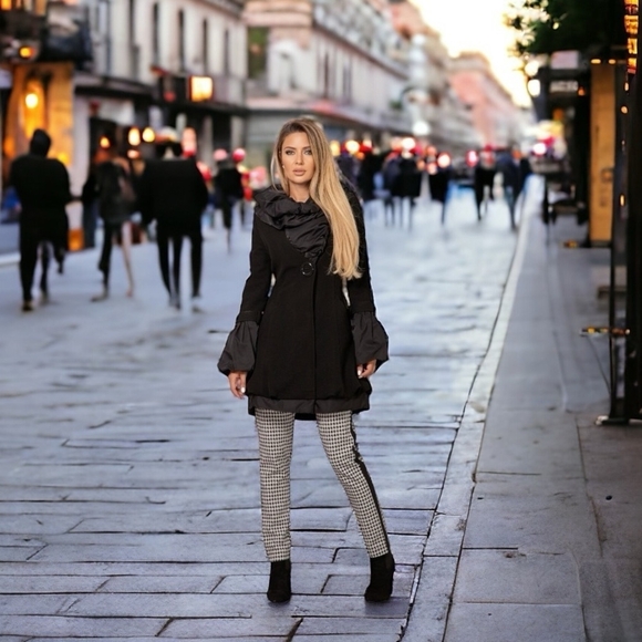 Womens Coat GOOGLE IT Satin Taffeta Ruffle Coat Black Cotton Blend Trench Coat